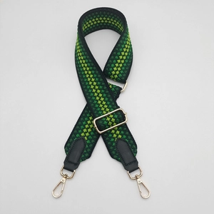 Close-up of adjustable woven bag strap with green geometric pattern and gold hardware