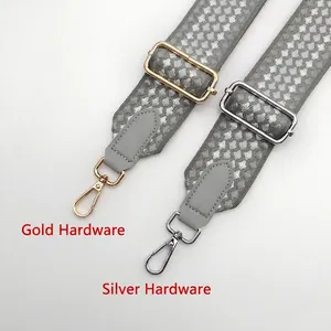 Adjustable 5cm wide gray woven strap with geometric patterns and gold silver lobster clasps