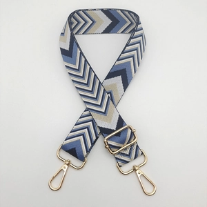 Detail of adjustable blue and brown chevron wide strap with golden lobster clasps