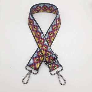 Close-up of ethnic geometric pattern nylon strap with adjustable antique silver metal buckles