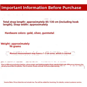 Adjustable nylon shoulder strap specifications showing length 85-130cm and hardware colors