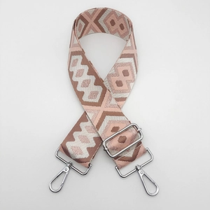 Ethnic wide nylon bag strap with pink geometric pattern and silver metal hooks