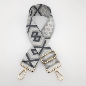 Ethnic style adjustable nylon bag strap with geometric pattern and gold metal hooks