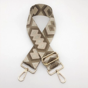 Detail showing ethnic geometric jacquard strap with golden rotating metal hooks