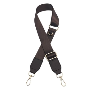 Adjustable dark brown nylon shoulder strap with silver hooks and leather reinforcement