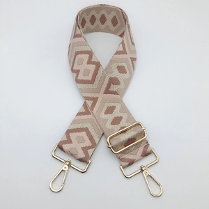 Adjustable wide canvas shoulder strap with geometric diamond jacquard pattern and gold hooks