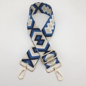 Close-up of ethnic geometric pattern nylon strap with golden metal spring hooks
