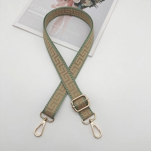 Detail of adjustable woven canvas strap in bean green with vintage geometric patterns