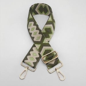 Detail of green geometric ethnic nylon bag strap with gold metal swivel lobster clasps