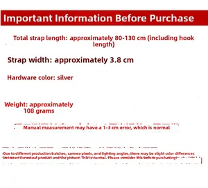 Specifications of adjustable 3.8cm wide replacement bag strap with silver hardware details