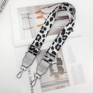 Adjustable leopard print bag strap with silver hardware and grey leather details