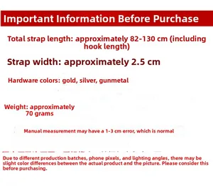 Adjustable 2.5cm wide PU leather bag strap with 82-130cm length and hardware options