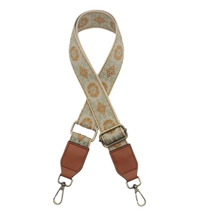 Adjustable bohemian floral jacquard canvas shoulder strap with brown leather and gold hooks