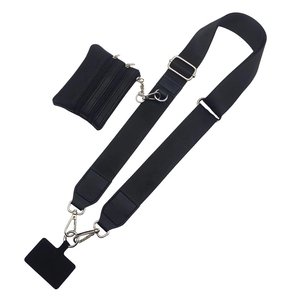Adjustable black nylon shoulder strap with a zipper coin purse and silver metal hardware