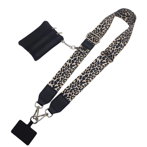 Adjustable leopard print phone strap with detachable mini purse and silver metal hooks