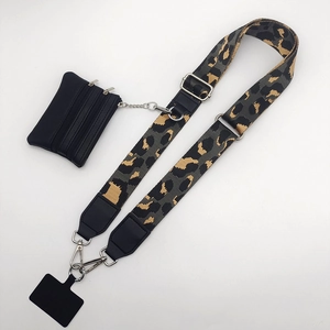 Detailed leopard print wide phone strap with detachable coin purse and metal clasps
