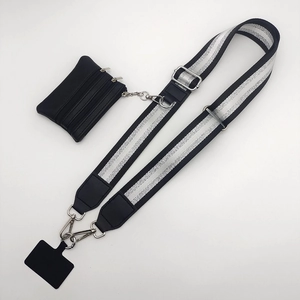 Universal phone strap set with striped webbing, leather coin purse and silver metal hooks