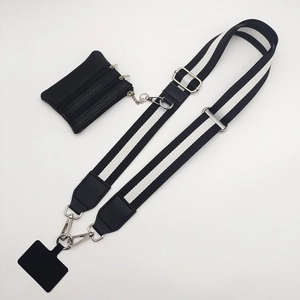 Adjustable black and white striped phone strap with a detachable small zippered pouch