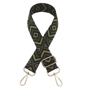 Close-up of adjustable rhombus patterned bag strap with golden metal lobster clasps