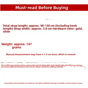 Detailed measurement chart of the adjustable 3.8cm wide bag strap with length specs