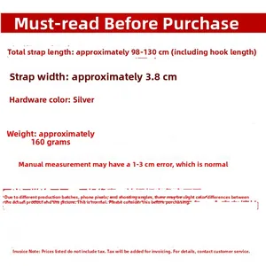 Detailed size specs for adjustable 3.8cm wide bag strap with silver hardware