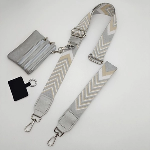 Adjustable silver woven phone lanyard with crossbody strap and small zipper pouch