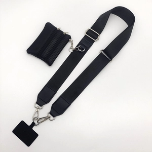 Adjustable black nylon shoulder strap with a detachable small zipper pouch and carabiner