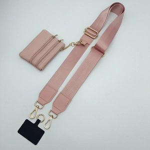 Pink wide nylon phone strap with crossbody zip pouch and gold metal hooks