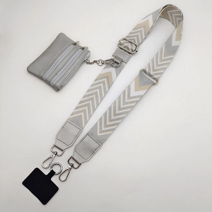 Adjustable crossbody phone strap set with grey mini zipper pouch and silver hardware