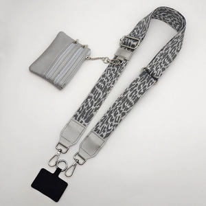 Detail of adjustable leopard print bag strap with a small grey coin purse and silver clips