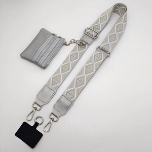 Adjustable wide woven shoulder strap with grey mini coin purse and phone connector