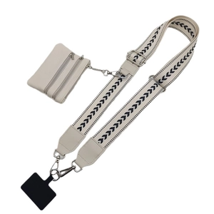 Adjustable geometric patterned phone strap with cream woven fabric and mini pouch