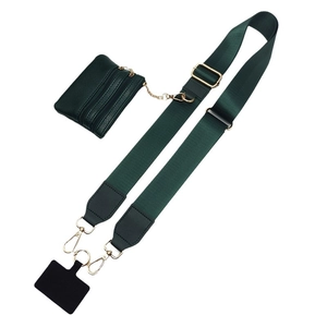 Dark green wide crossbody phone strap with detachable coin purse and gold metal clips