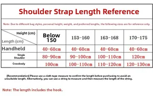 Size chart for adjustable wide woven bag strap showing length options by height and usage