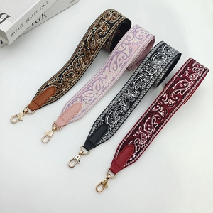 Bohemian Ethnic Paisley Embroidery Wide Bag Strap Polyester Webbing Shoulder Strap With Faux Leather Ends For Handbags