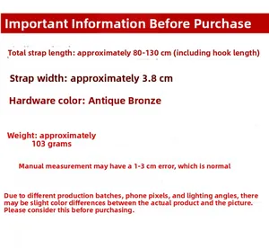 Detailed size specifications for wide vintage shoulder strap with bronze hardware