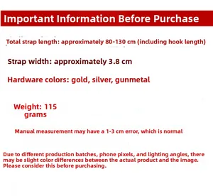 Adjustable PU leather bag strap specifications: 3.8cm width and 80-130cm length detail