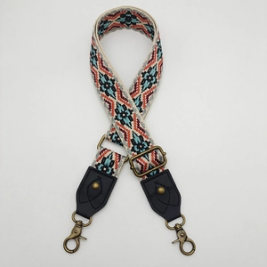 Ethnic style vintage pattern embroidered bag strap with brass hardware and leather ends