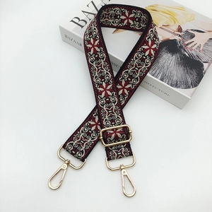 Detail of colorful ethnic woven guitar style strap with gold metal lobster clasps