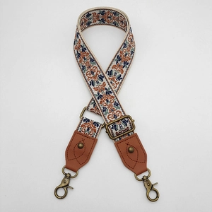 Bohemian floral jacquard shoulder strap with leather ends and bronze swivel hooks