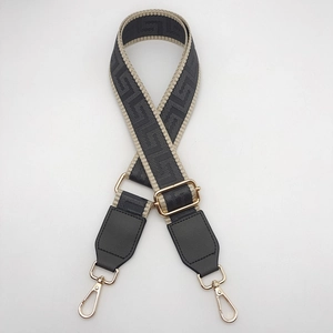 Detail of adjustable 3.8cm PU leather bag strap with Greek fret pattern and gold buckle