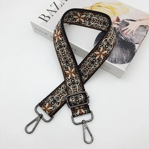 Adjustable bohemian floral woven bag strap with dark grey metal lobster clasps