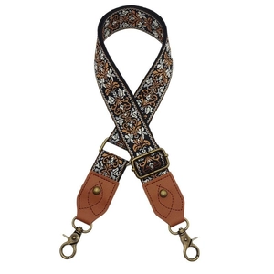 Adjustable vintage bohemian embroidered bag strap with copper hooks and leather ends
