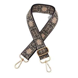 Ethnic style embroidered guitar strap with pink flower pattern and golden metal swivel hooks