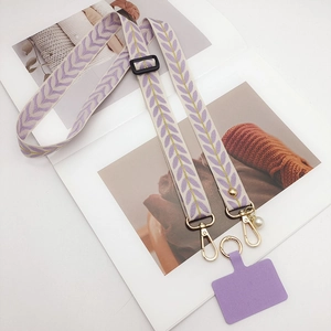 Detailed view of purple woven phone lanyard with adjustable strap and golden spring hook