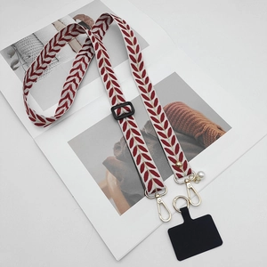 Adjustable red and white woven phone lanyard with golden lobster clasps and pearl charm