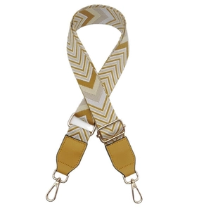 Adjustable wide canvas shoulder strap with yellow geometric pattern and gold hooks