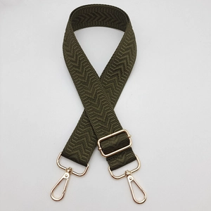 Détail de la bandoulière en nylon vert armée avec tissage chevron et boucles dorées