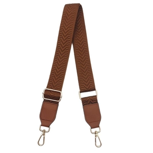 Adjustable brown herringbone canvas shoulder strap with leather ends and gold metal hooks