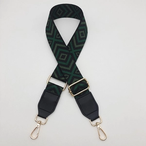 Detail of adjustable wide canvas shoulder strap with black and green geometric pattern